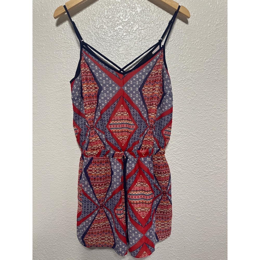 Adelyn Rae Red Blue Geometric Print Romper V-Neck Spaghetti Strap Large F54B1079